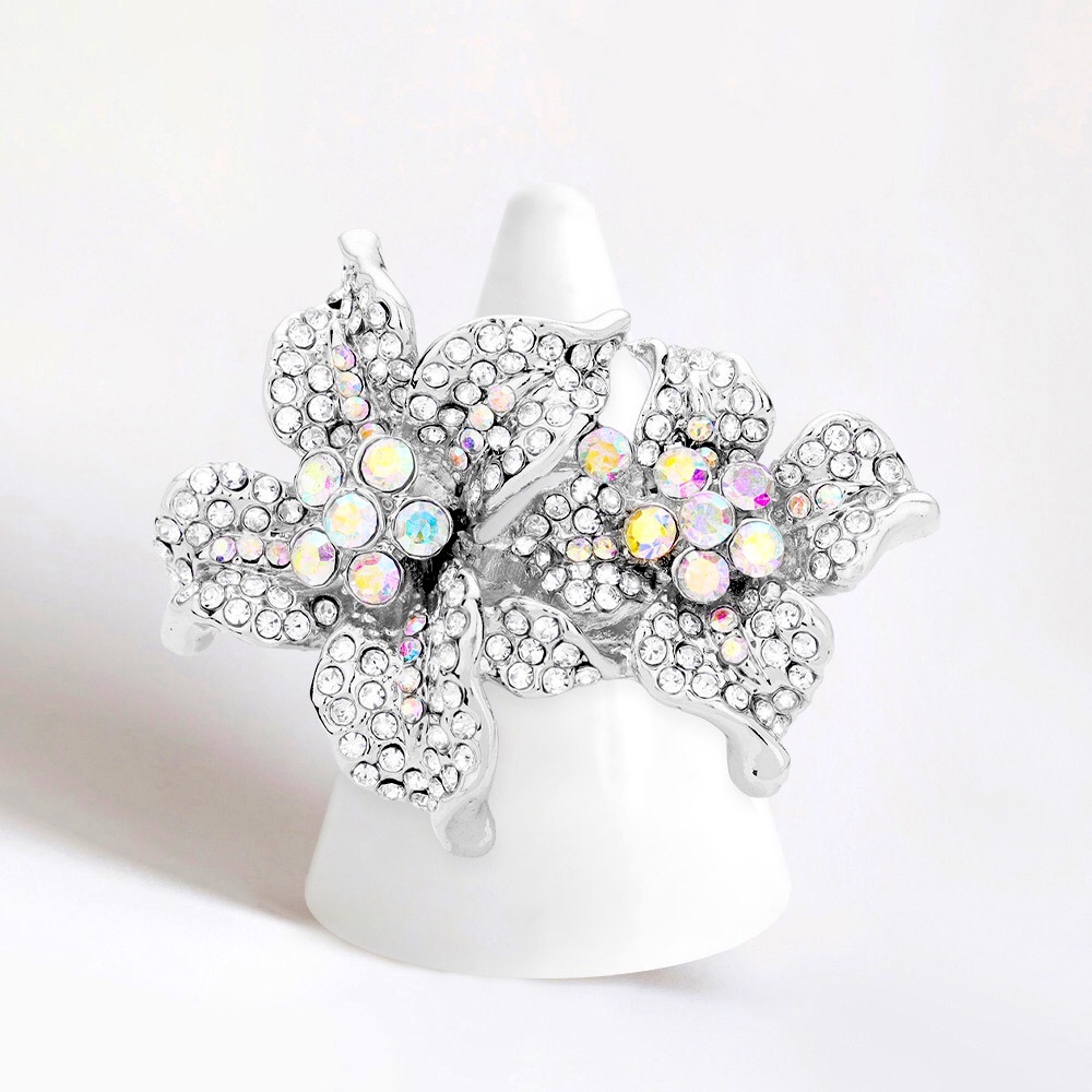 Silver Rhinestone Crystal Bloom Flower Stretch Ring